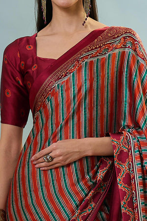 Modern Red Striped Printed Modal Satin Saree with Luxurious Flow and Shine