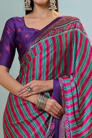 Modern Purple Striped Printed Modal Satin Saree with Luxurious Flow and Shine