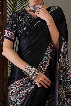 Black Ajrakh Printed Modal Satin Saree with Rich Party Wear Look