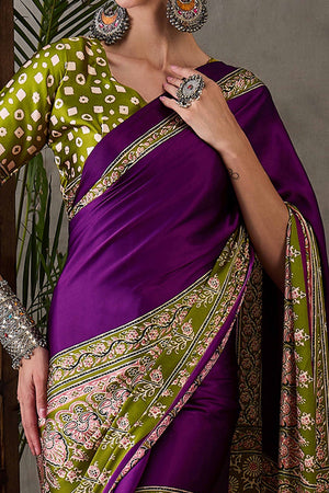 Purple & Green Ajrakh Printed Modal Satin Saree with Elegant Party Wear Appeal