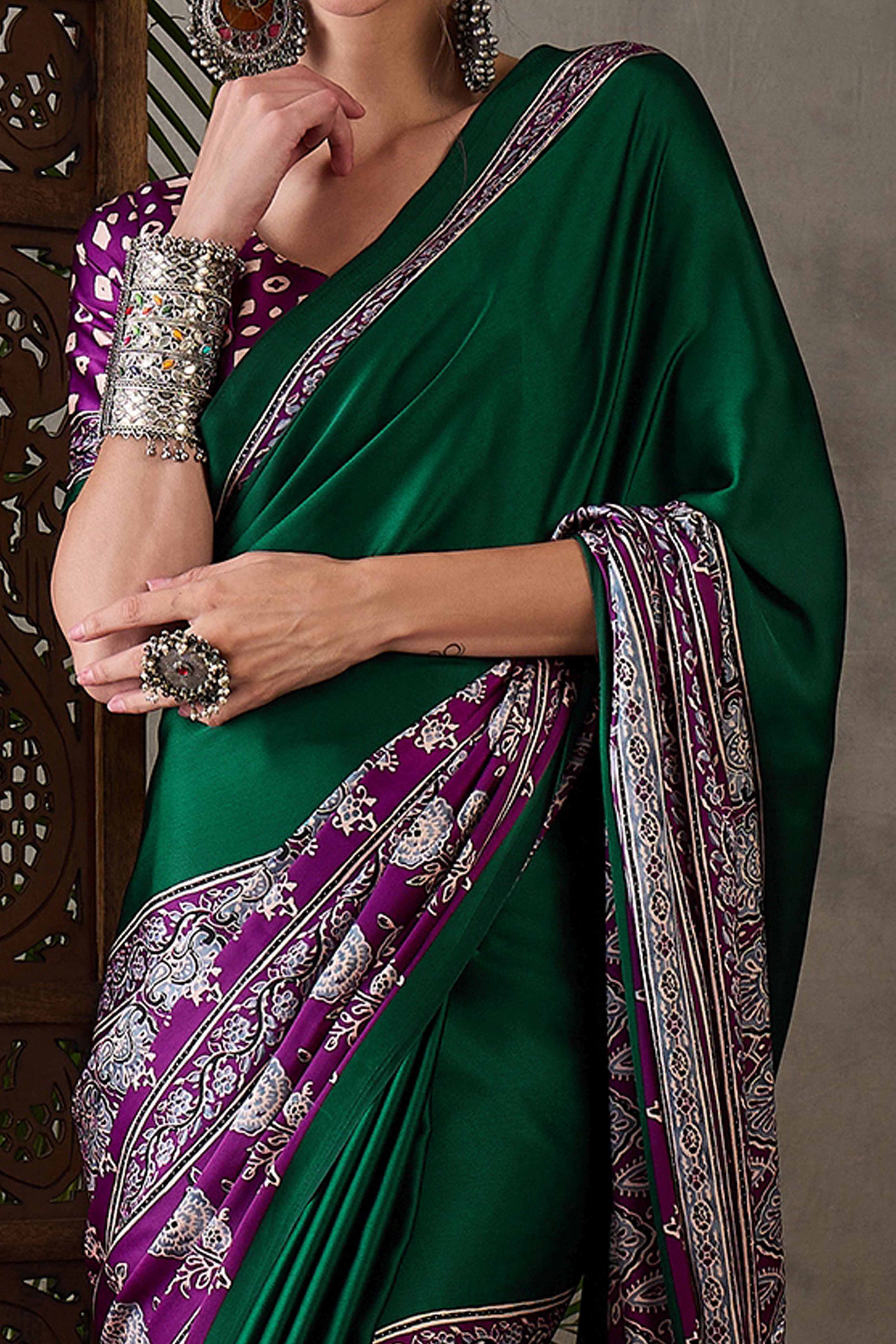 Green & Purple Ajrakh Printed Modal Satin Saree with Elegant Party Wear Appeal