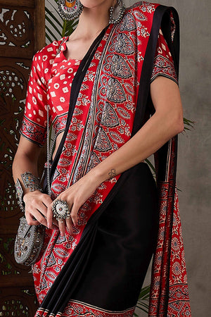 Black & Red Ajrakh Printed Modal Satin Saree with Elegant Party Wear Appeal