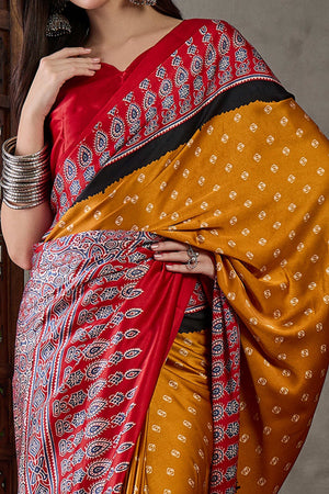 Mustard Ajrakh Printed Modal Satin Saree with Traditional Ajrakh Charm
