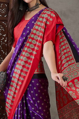 Purple Ajrakh Printed Modal Satin Saree with Traditional Ajrakh Charm