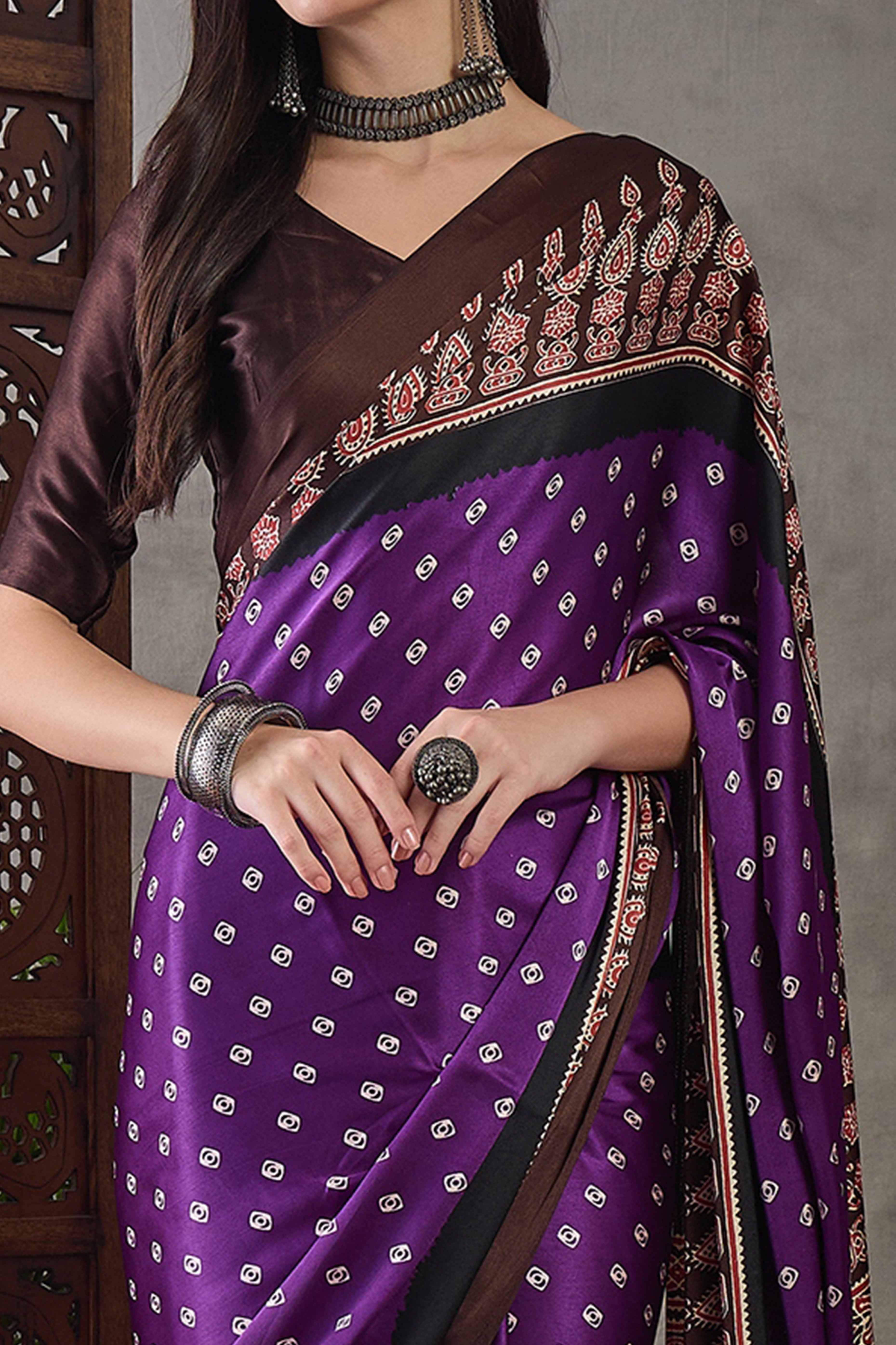 Violet Ajrakh Printed Modal Satin Saree with Traditional Ajrakh Charm