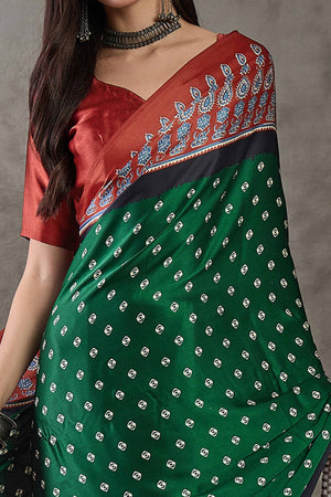 Green Ajrakh Printed Modal Satin Saree with Traditional Ajrakh Charm