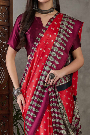 Red Ajrakh Printed Modal Satin Saree with Traditional Ajrakh Charm
