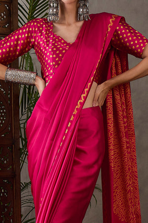 Pink Free Style Printed Modal Satin Party Wear Saree with a Smooth Satin Drape