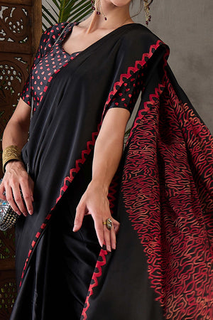 Black Free Style Printed Modal Satin Party Wear Saree with a Smooth Satin Drape