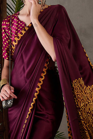 Wine Free Style Printed Modal Satin Party Wear Saree with a Smooth Satin Drape