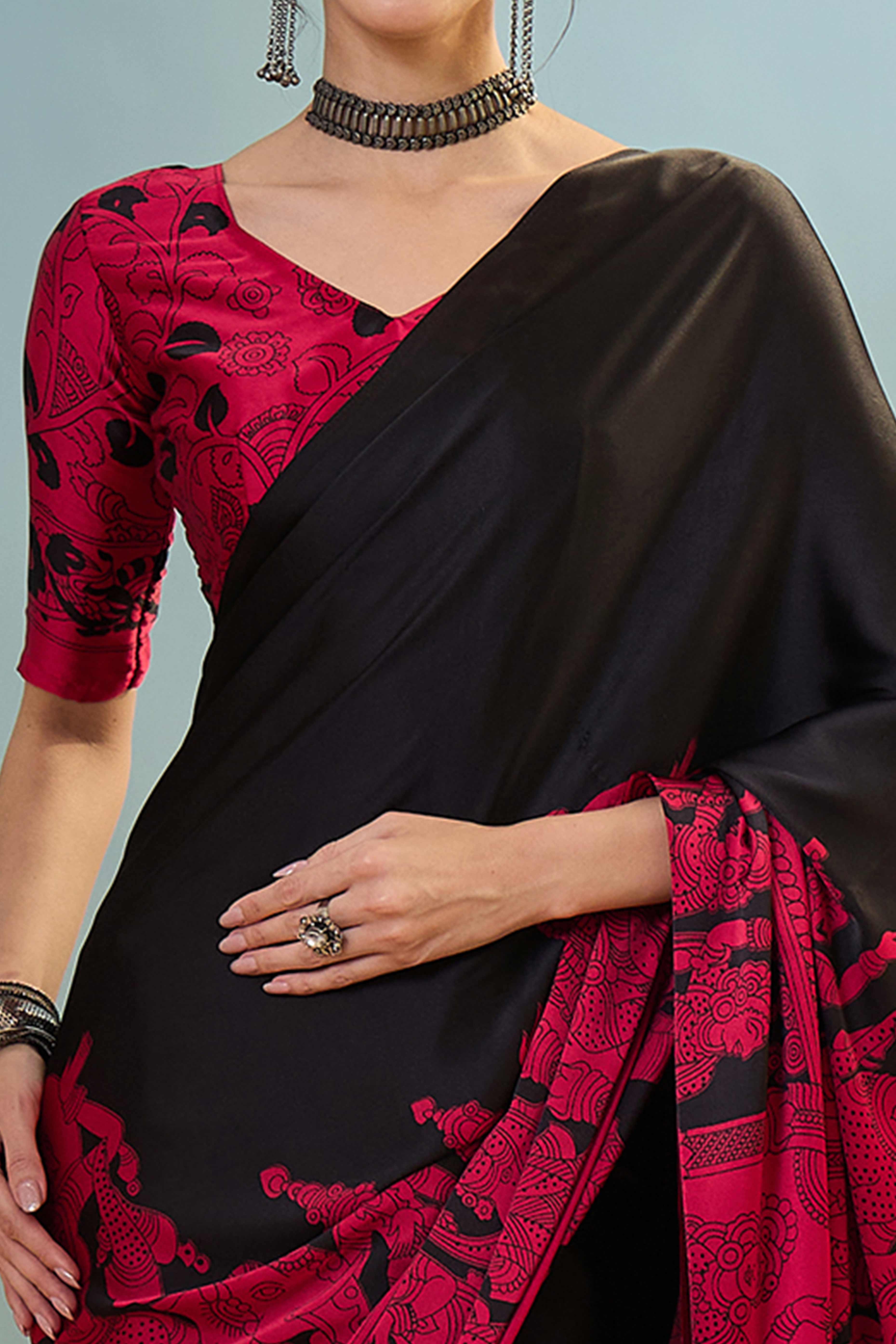Black & Pink Kalamkari Style Modal Satin Saree Featuring Intricate Artistic Prints