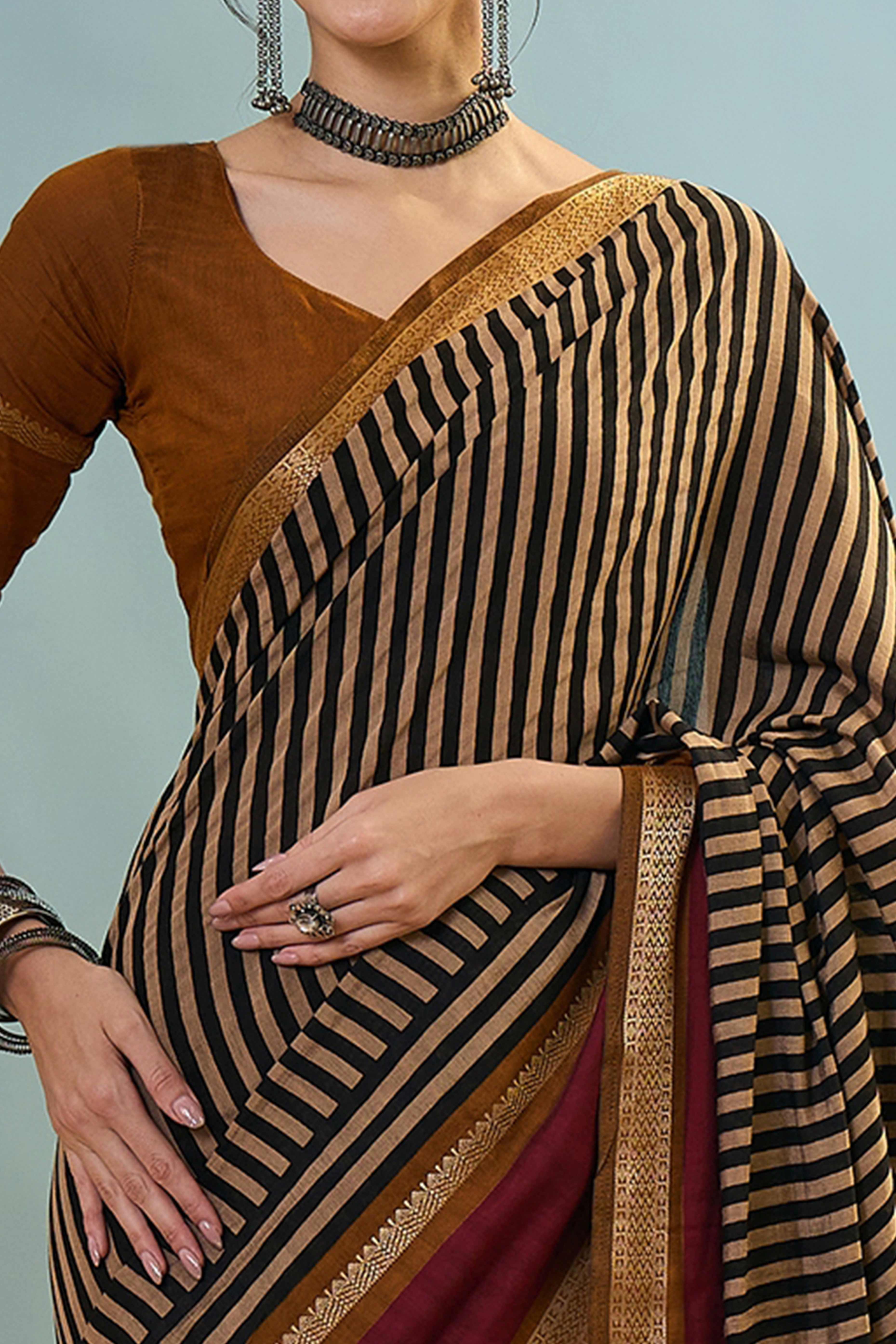 Mustard Striped Printed Viscose Saree with a Subtle Zari Finish
