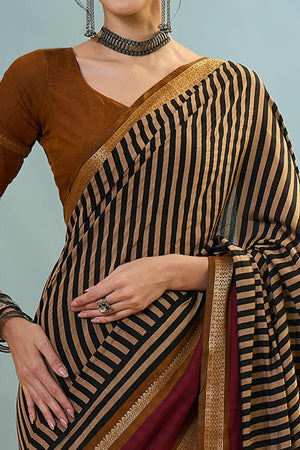 Mustard Striped Printed Viscose Saree with a Subtle Zari Finish