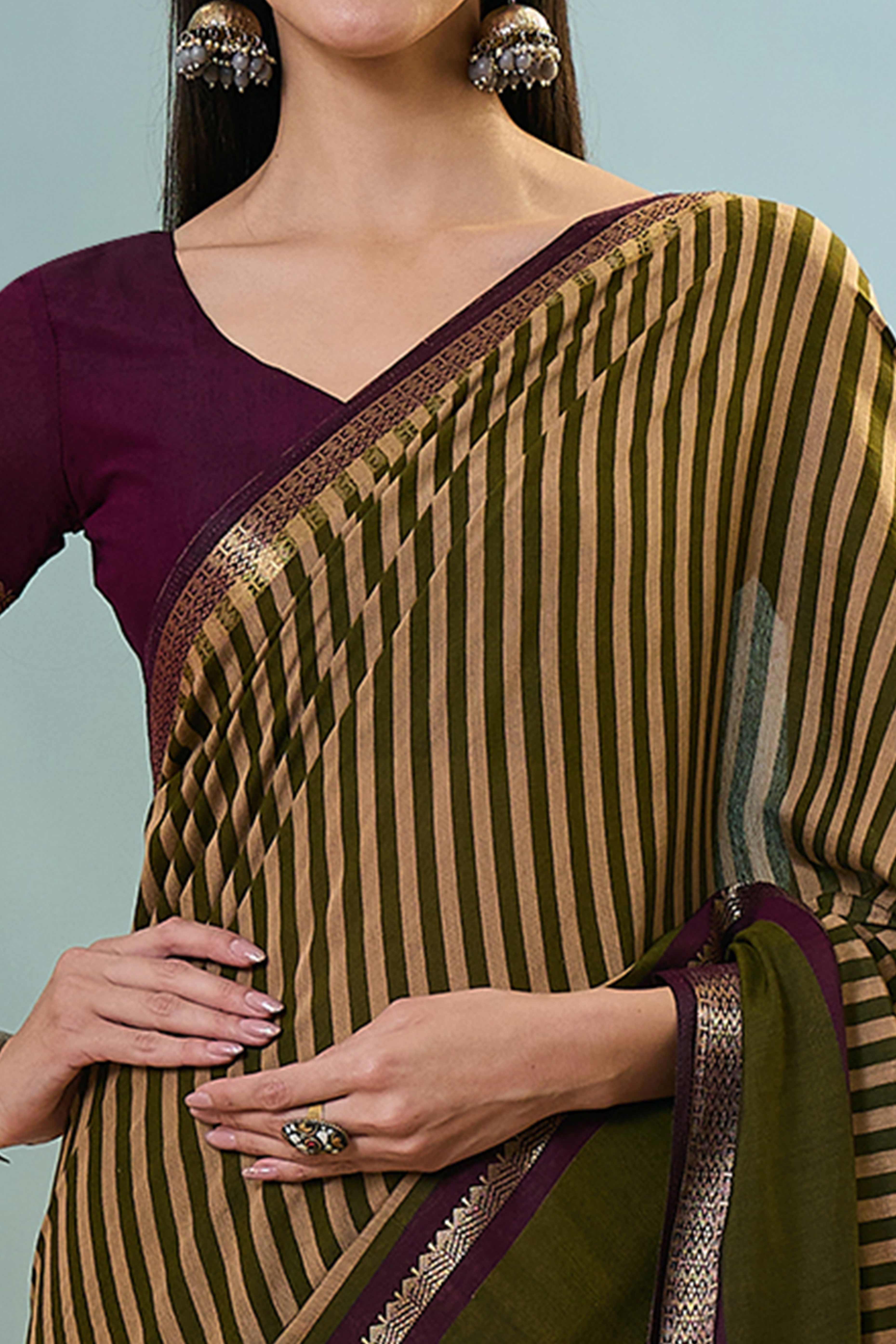 Mehendi Green Striped Printed Viscose Saree with a Subtle Zari Finish