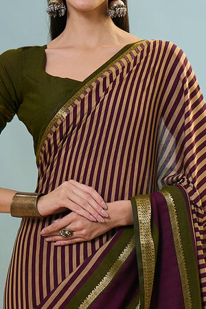 Wine Striped Printed Viscose Saree with a Subtle Zari Finish