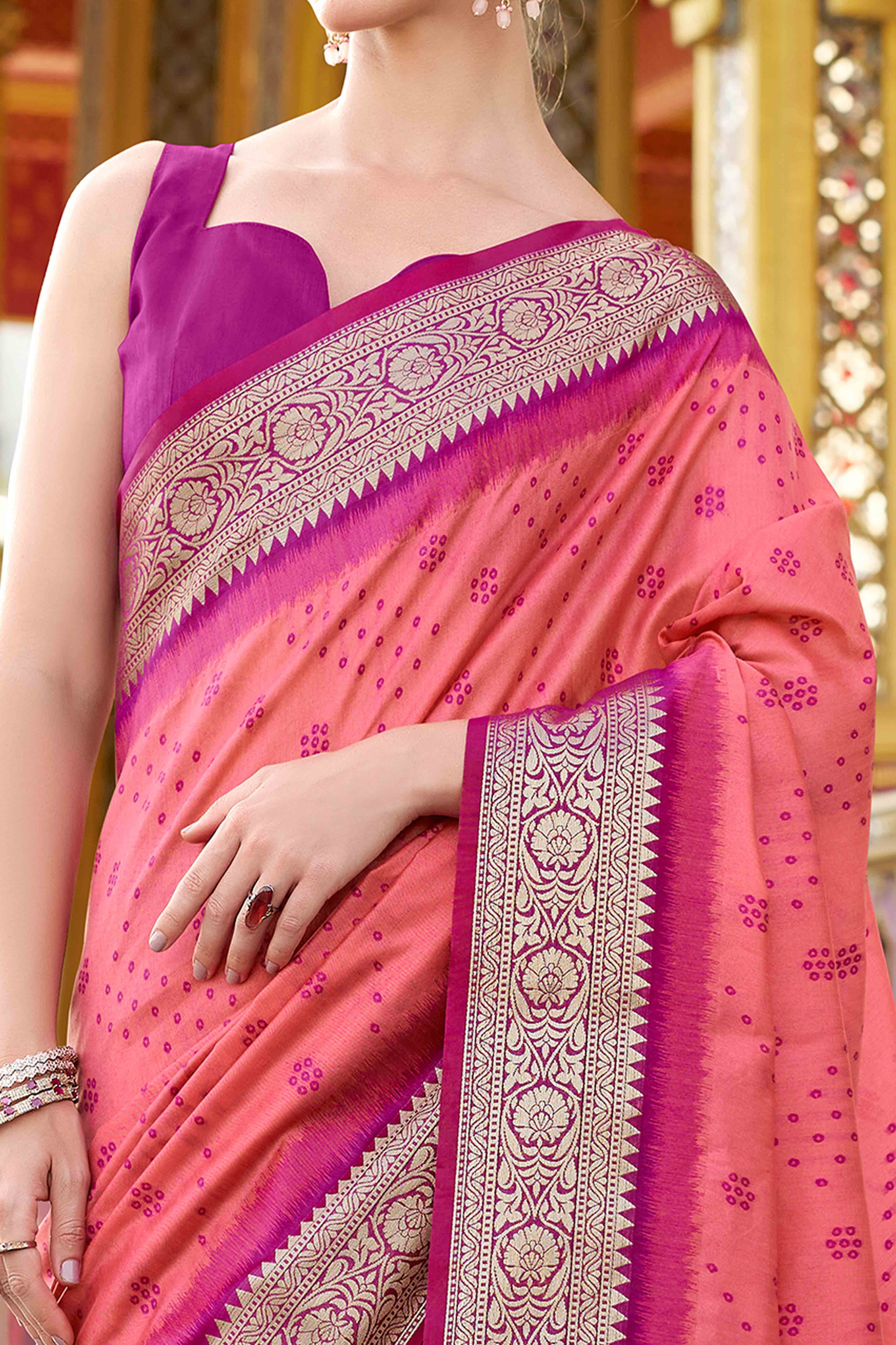 Silk Blend Woven Bandhani Saree In Peach With Contrasting Patola Pallu