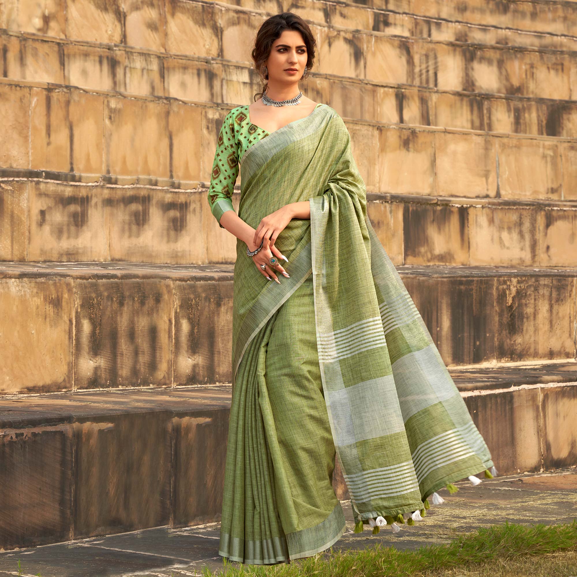 Rama Green Striped Printed Linen Saree With Tassels