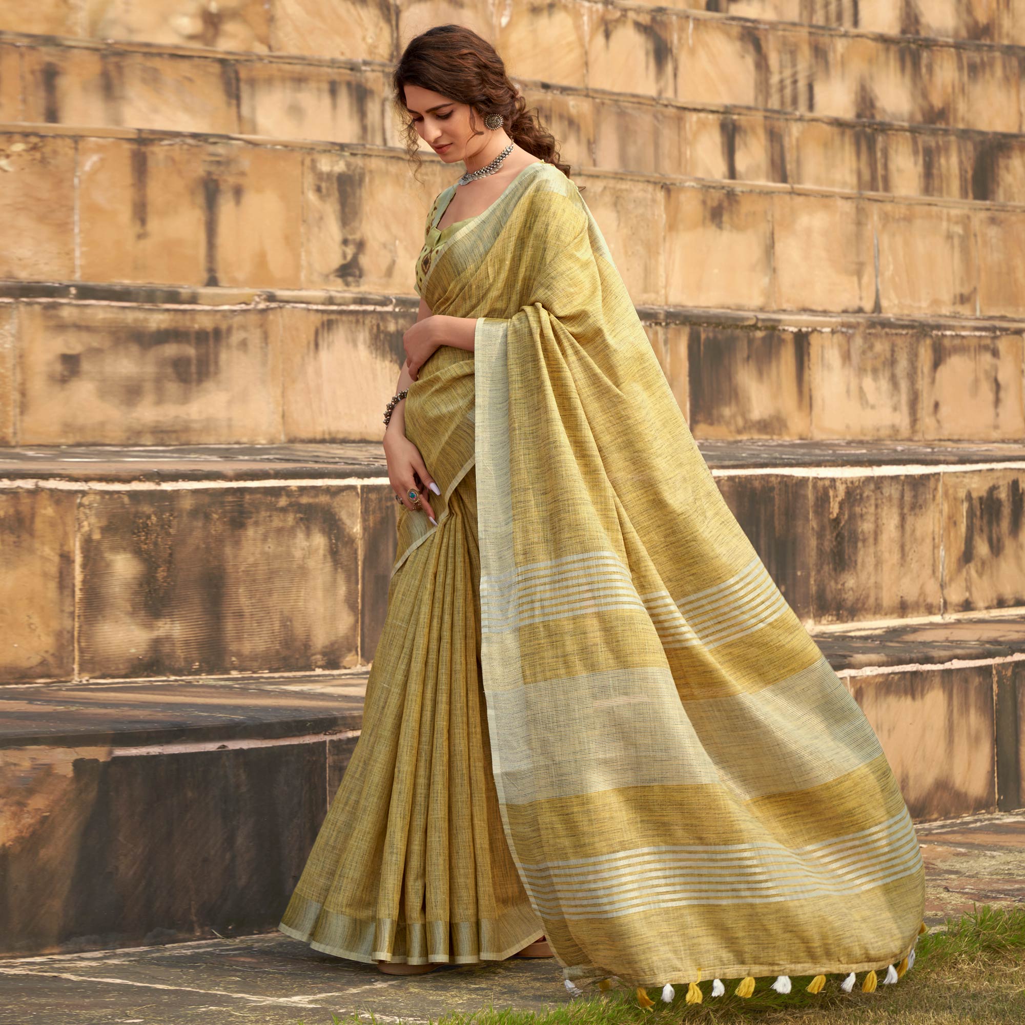 Yellow Striped Printed Linen Saree With Tassels