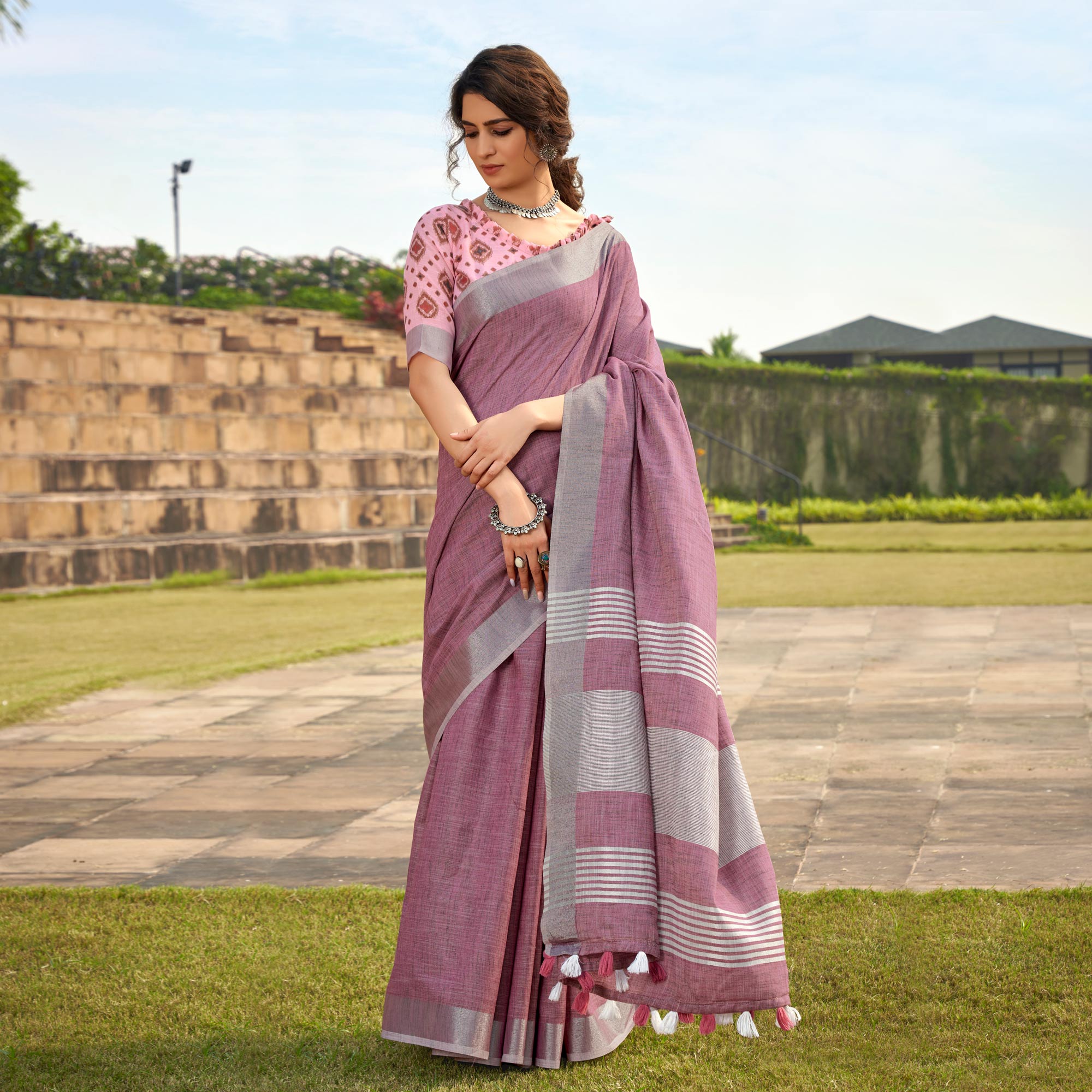 Mauve Striped Printed Linen Saree With Tassels