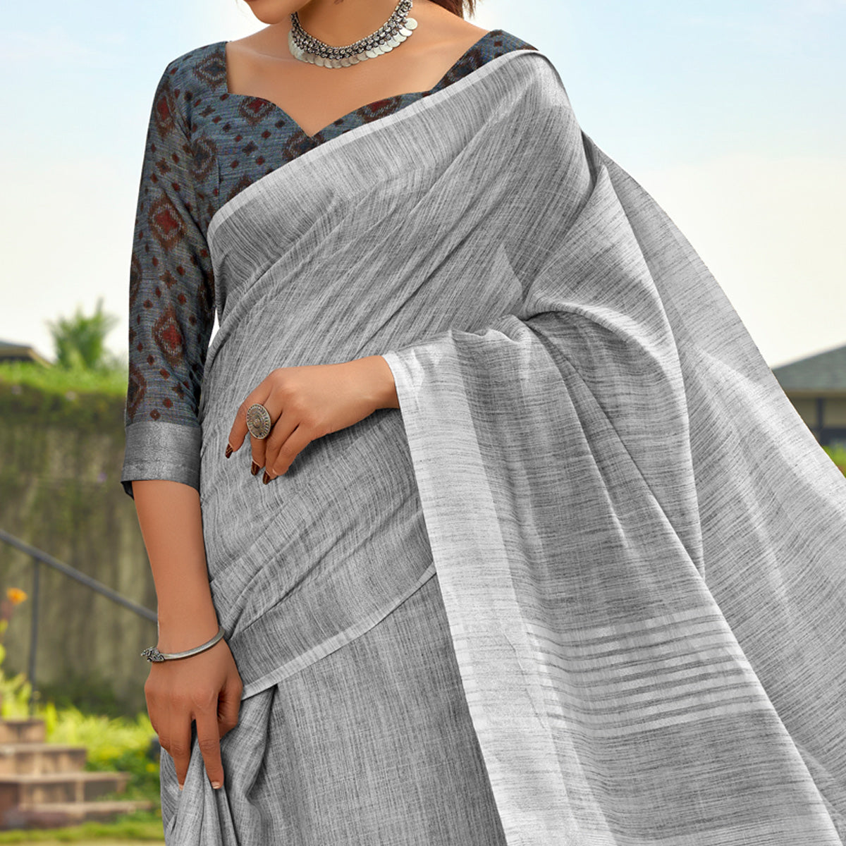 Grey Striped Printed Linen Saree With Tassels