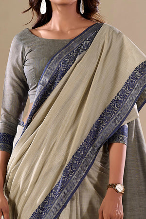 Light Beige Khaadi Saree with Elegant Solid Body and Contrast Weaving Border