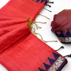 Coral Red Pure Silk Handloom Saree with Intricate Jacquard Weave