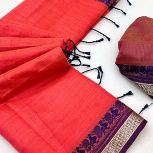 Coral Red Pure Handloom Silk Saree with an Elegantly Woven Jacquard Border