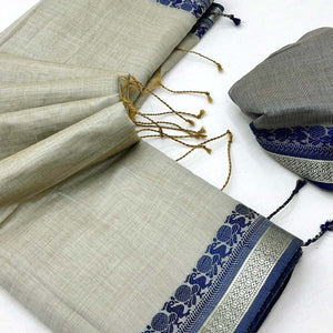 Light Grey Pure Handloom Silk Saree with an Elegantly Woven Jacquard Border