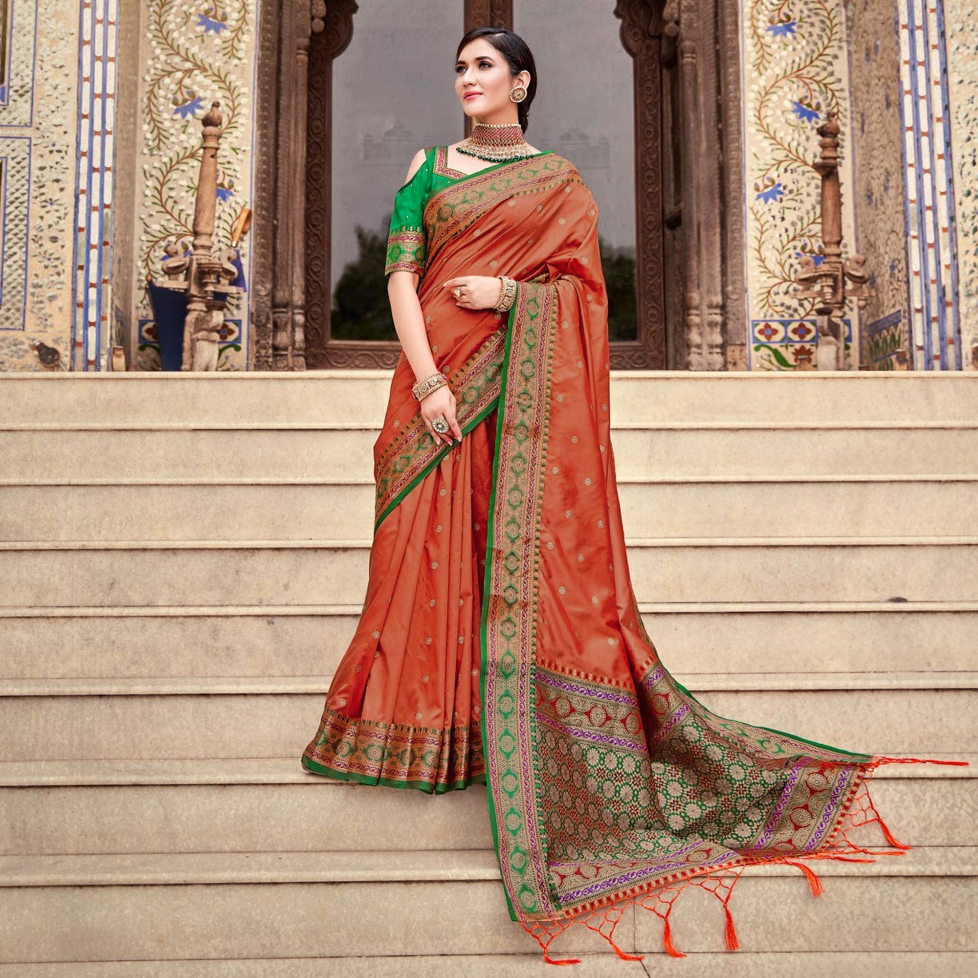 Peach Woven Pure Silk Saree With With Tassels