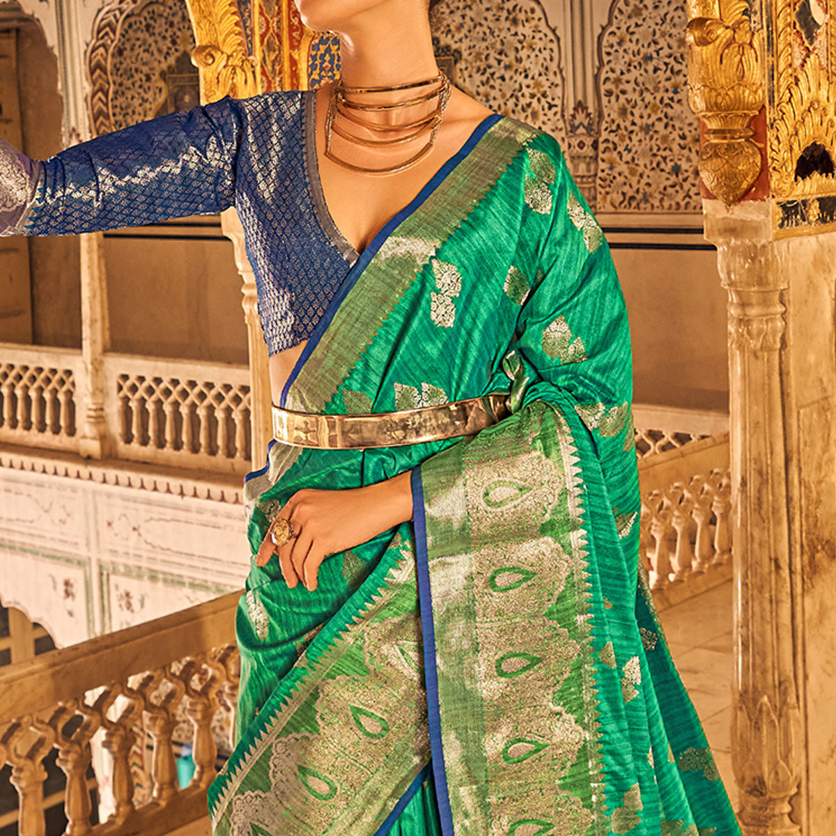 Green Floral Woven Tussar Silk Saree