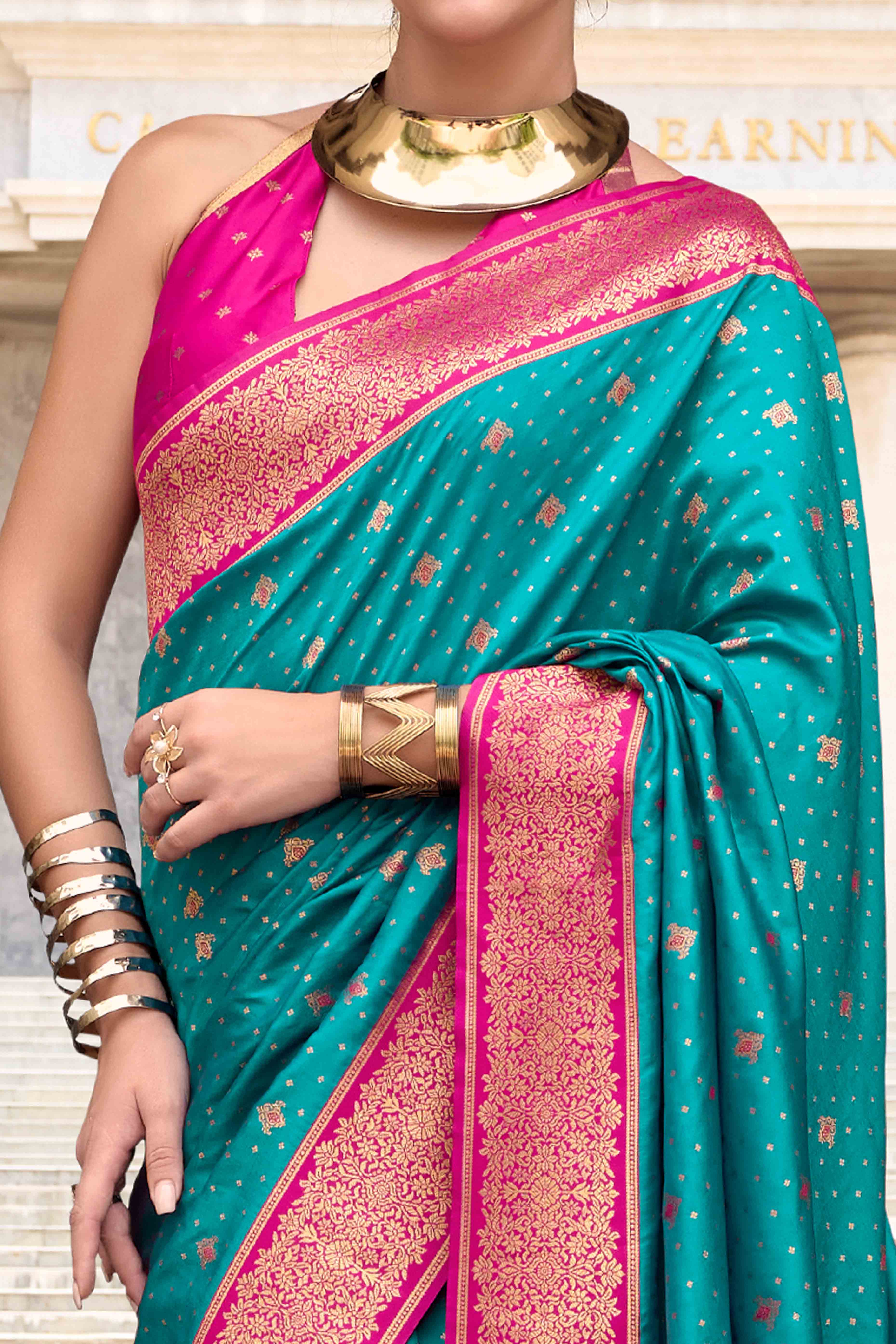Rama Blue Floral Woven Pure Silk Saree