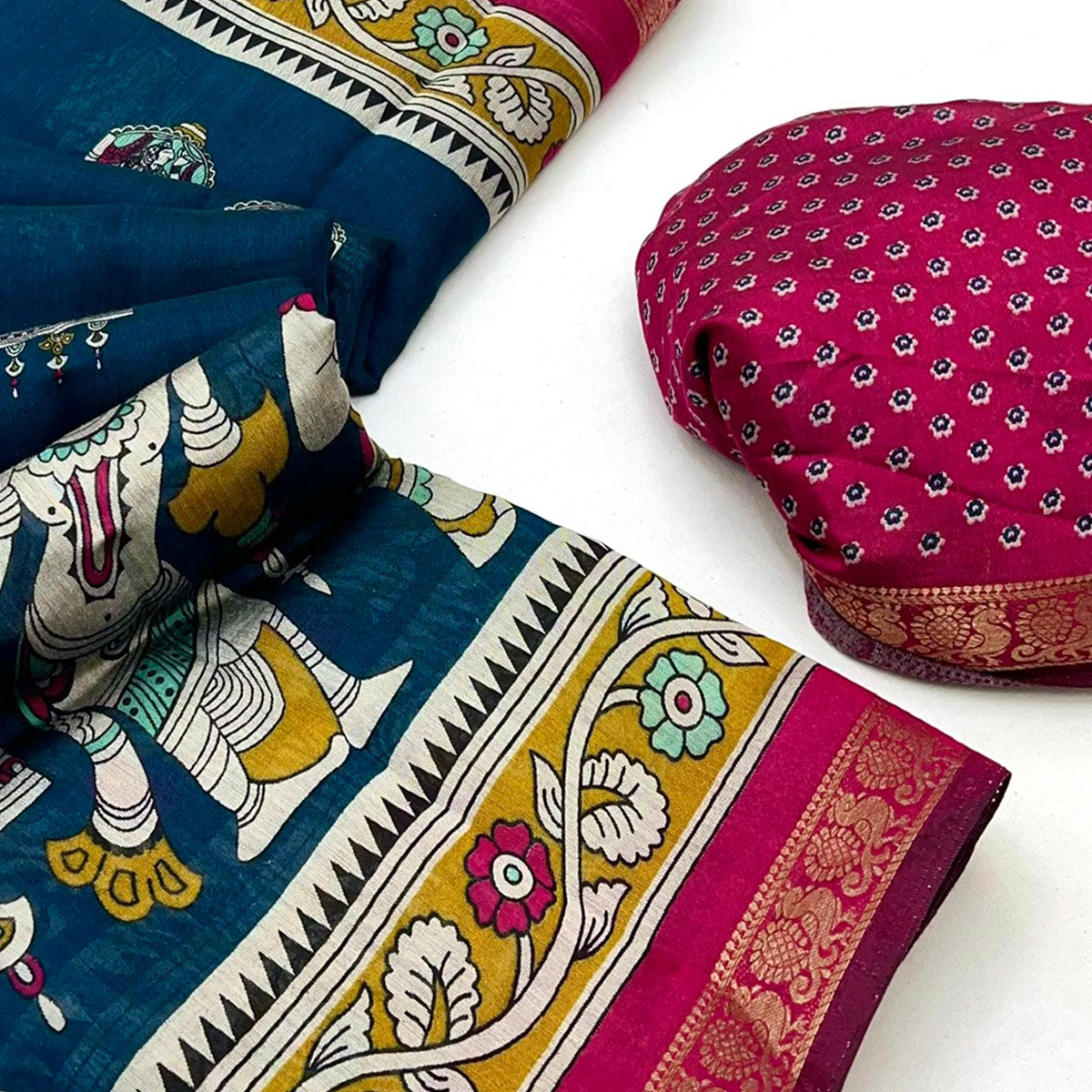 Mangalagiri Cotton Silk Saree in Teal with Artistic Pattachitra Prints