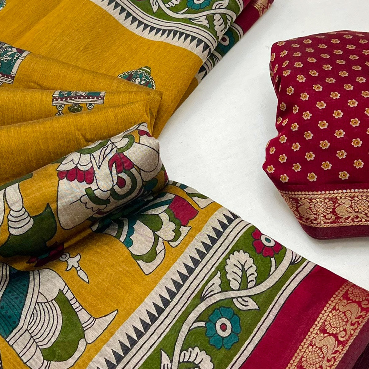 Mangalagiri Cotton Silk Saree in Mustard with Artistic Pattachitra Prints