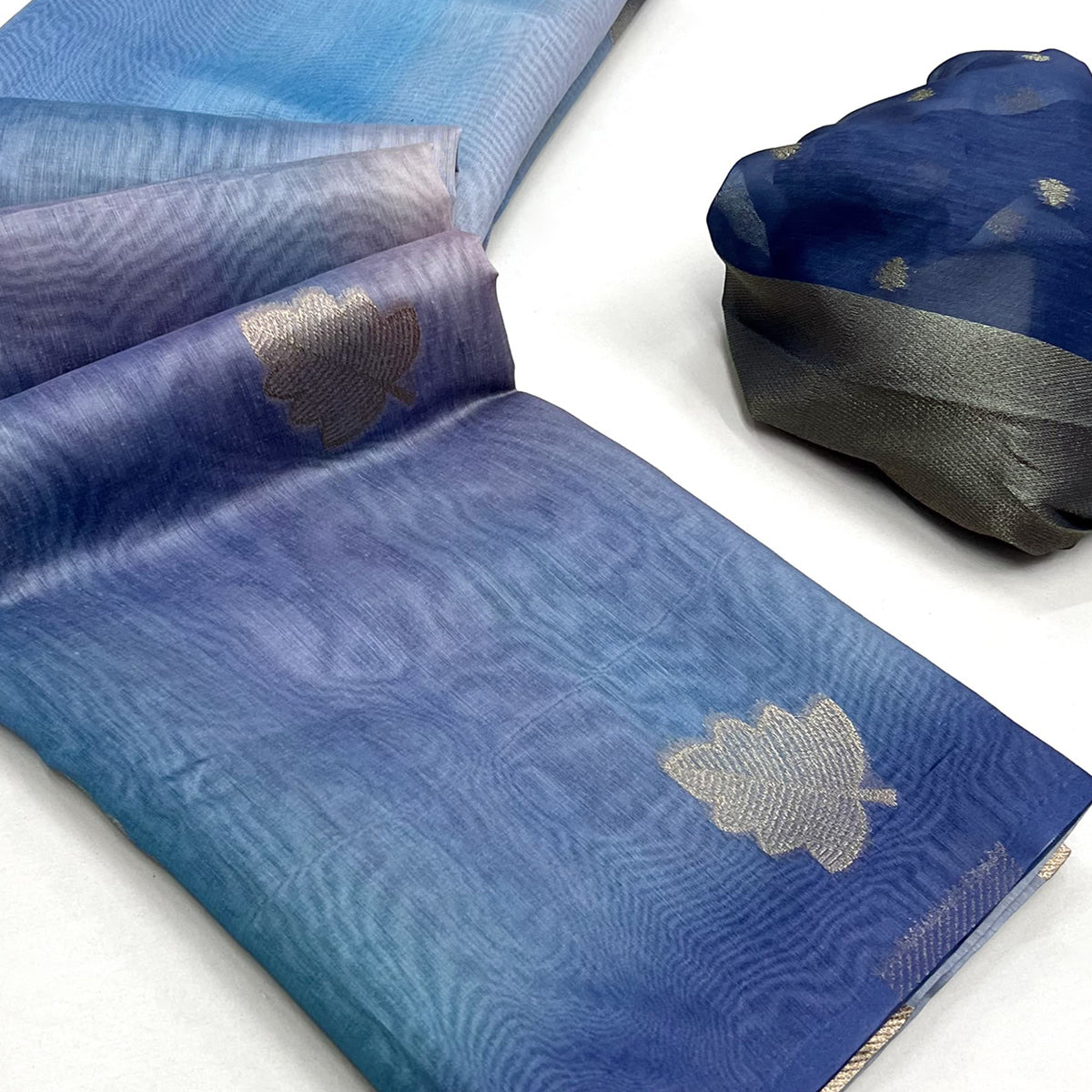 Blue Silk Blend Saree With Intricate Zari Leaf Motifs