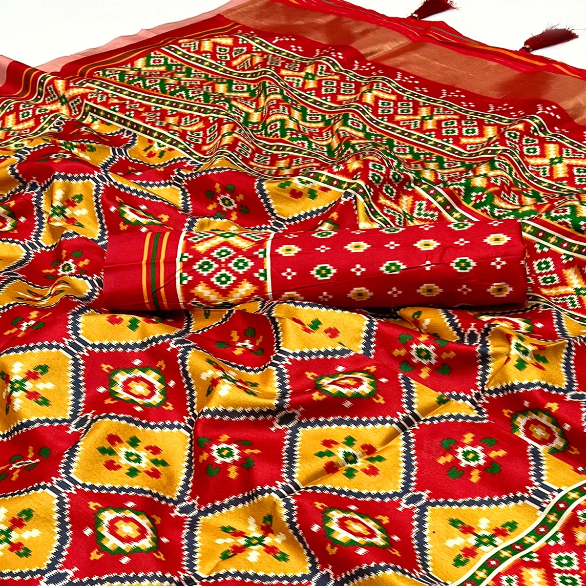 Red & Yellow Patola Printed Tussar Silk Saree With Tassels