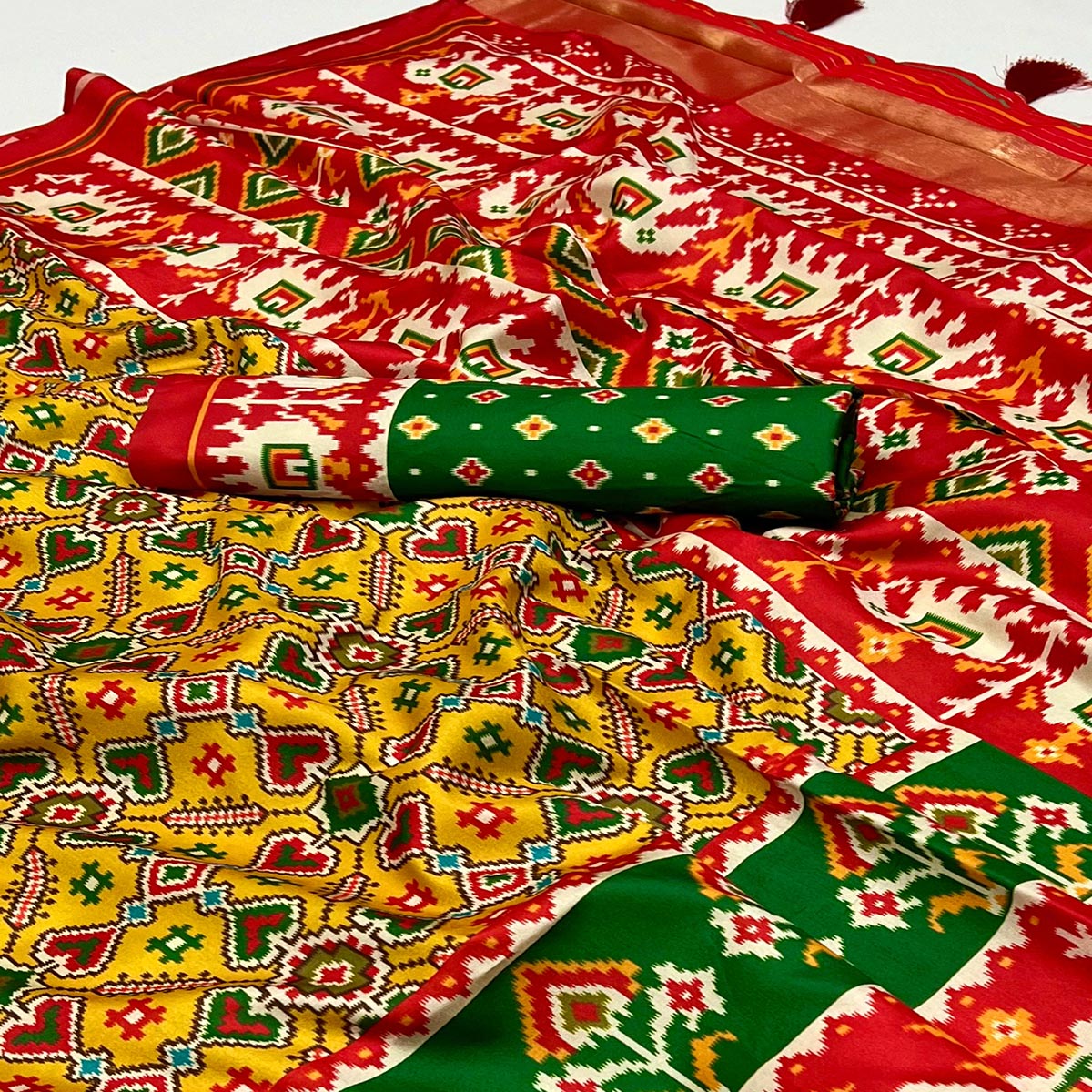Yellow Patola Printed Tussar Silk Saree With Tassels