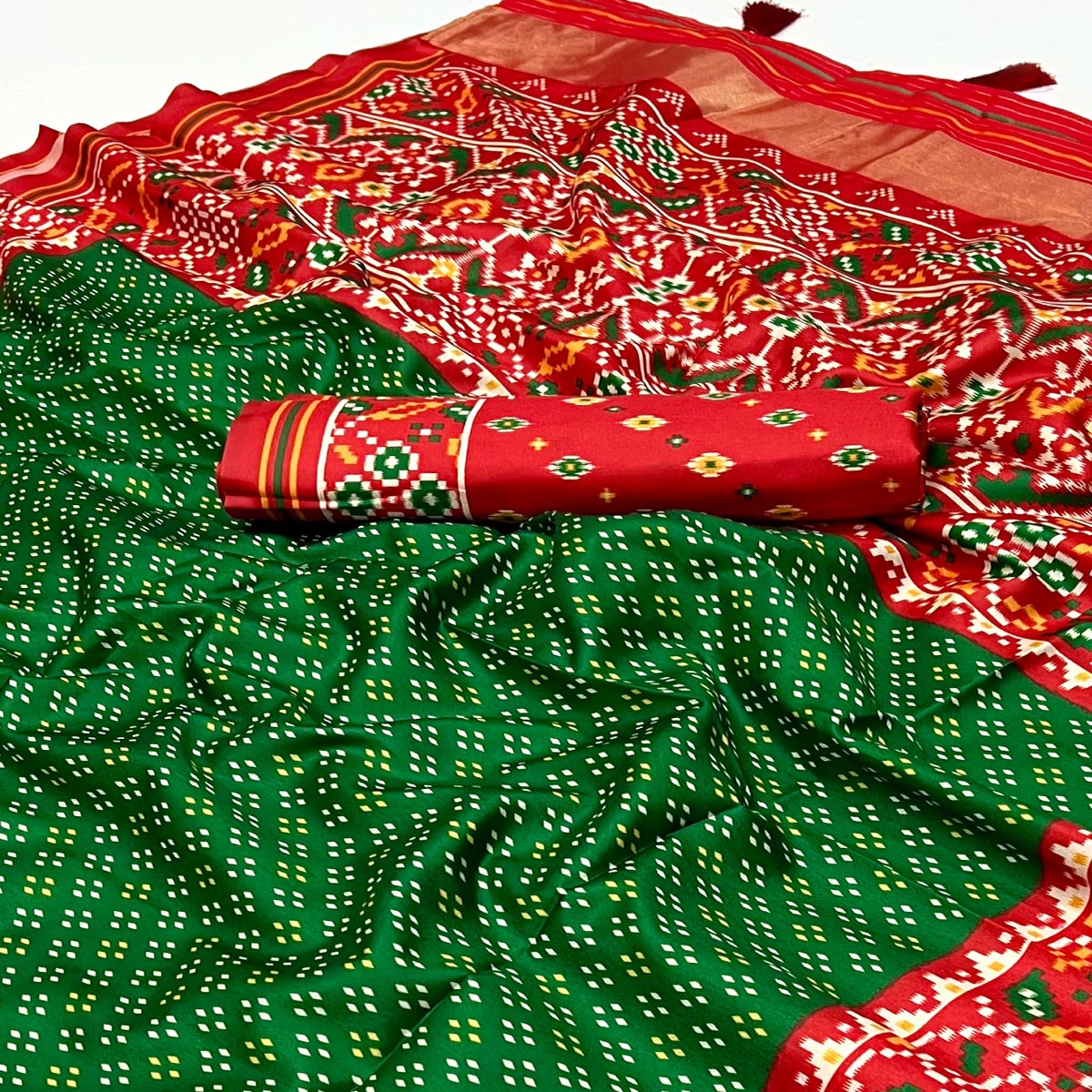 Green Patola Printed Tussar Silk Saree With Tassels