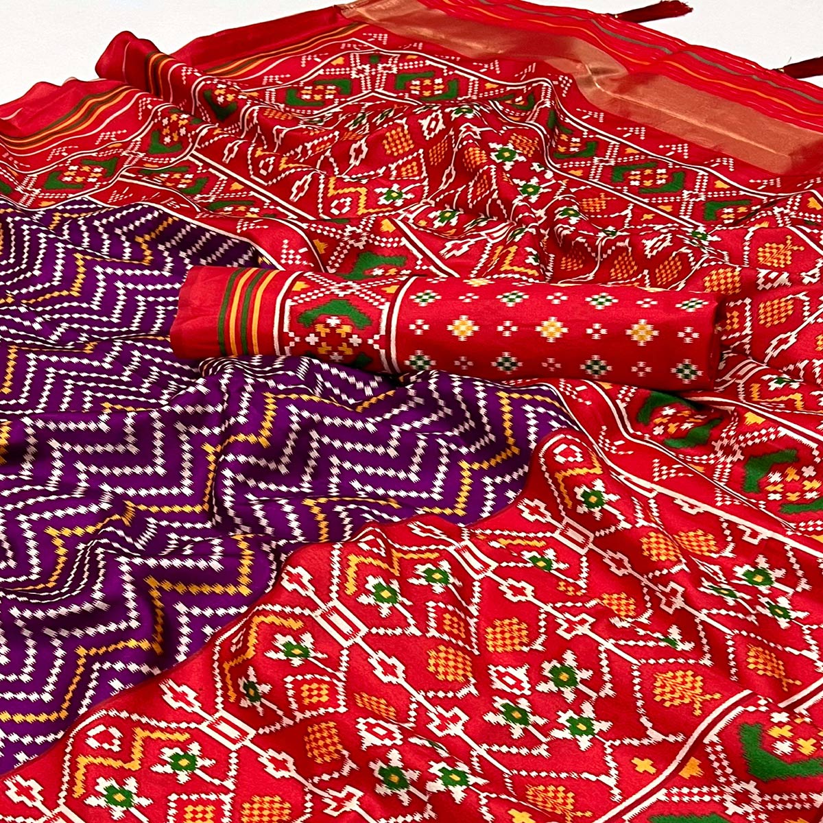 Purple & Red Patola Printed Tussar Silk Saree With Tassels