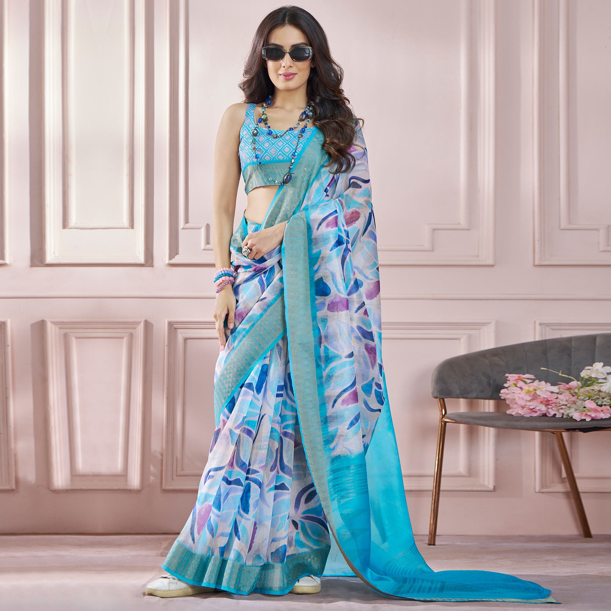 Blue Printed Woven Soft Banarasi Silk Saree