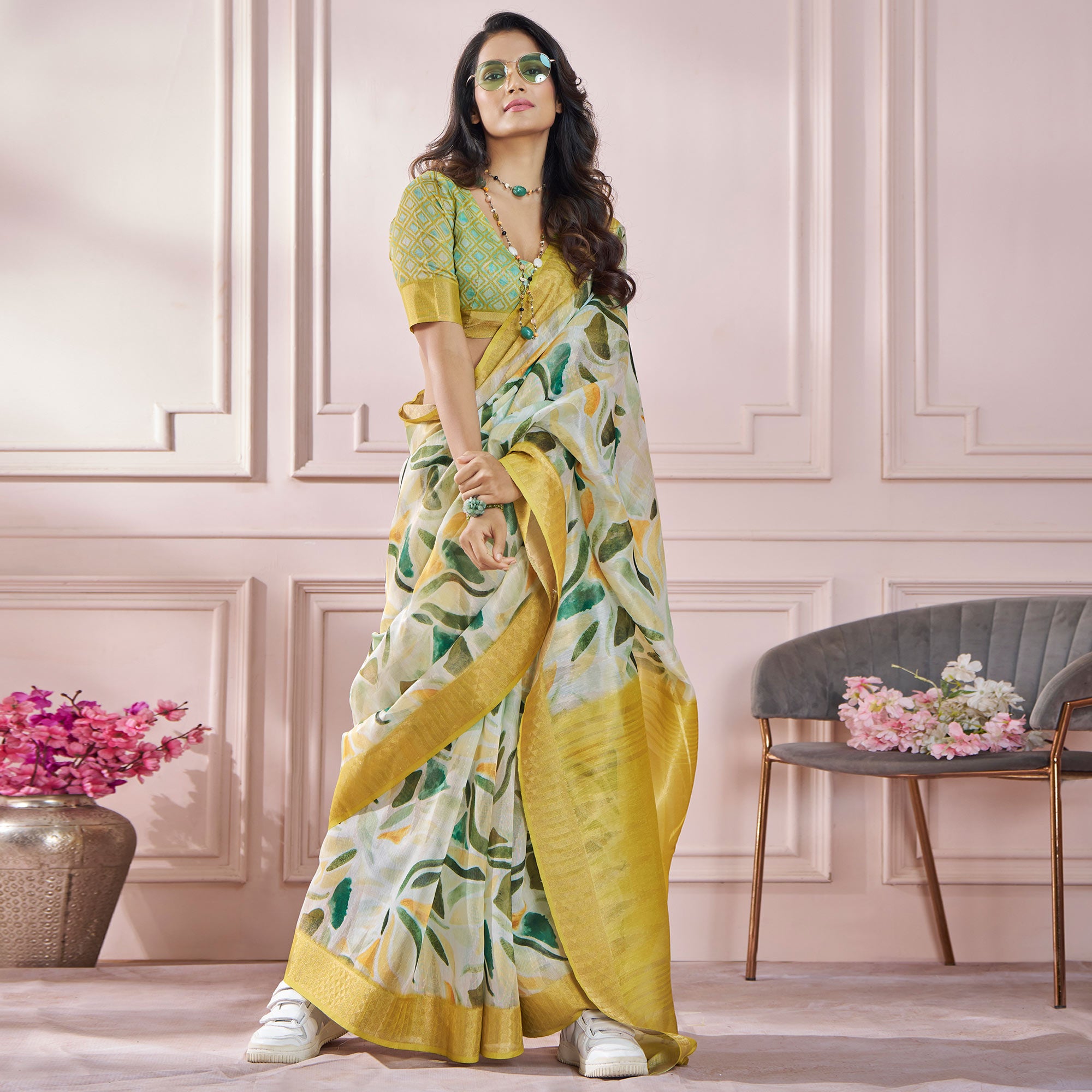 Light Green Printed Woven Soft Banarasi Silk Saree