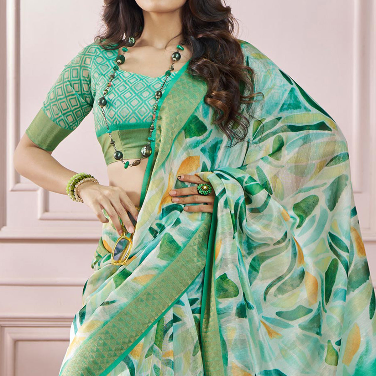 Green Printed Woven Soft Banarasi Silk Saree