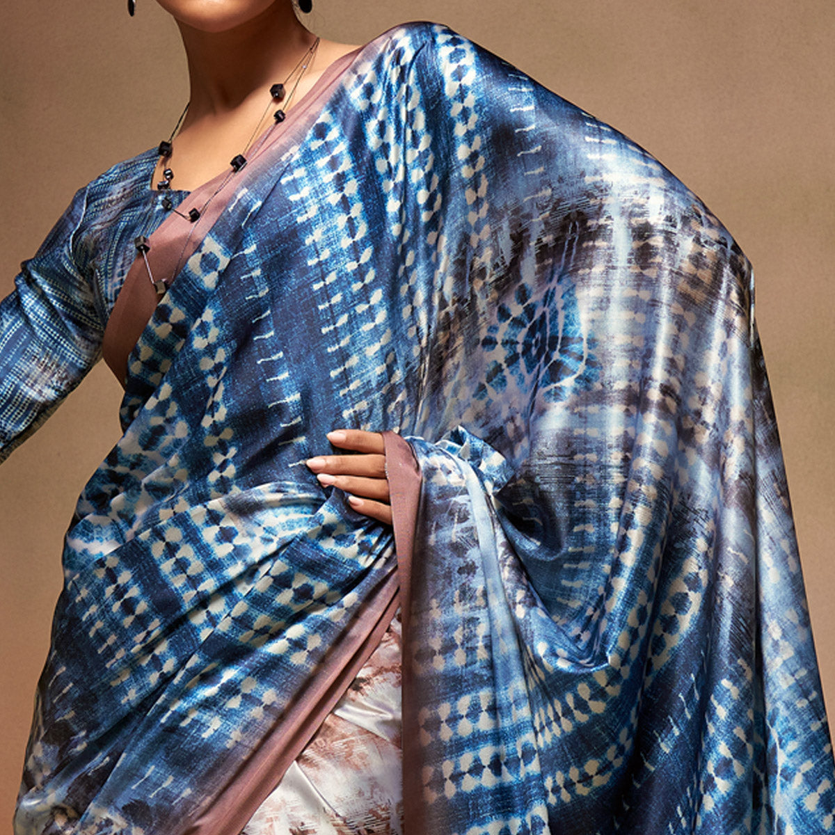 Blue & Cream Digital Printed Satin Saree