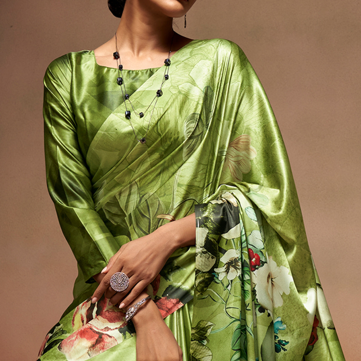 Green Digital Printed Satin Saree