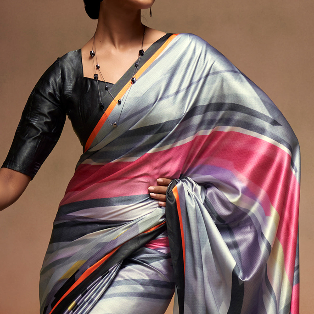 Grey Digital Printed Satin Saree