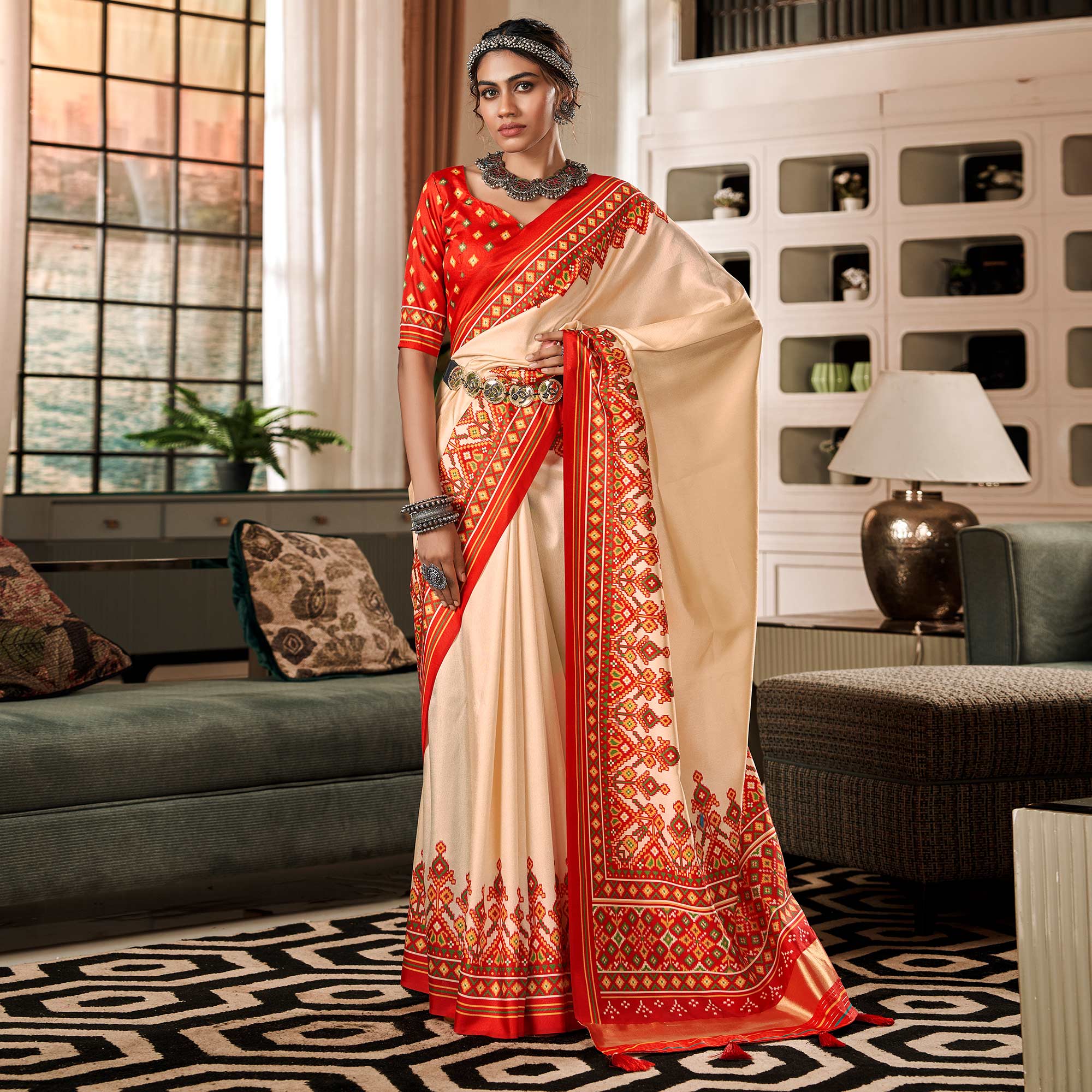 Cream & Red Patola Printed Tussar Silk Saree