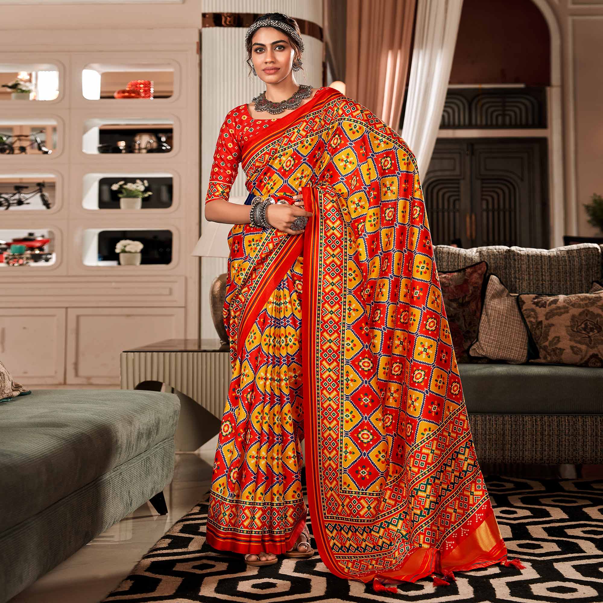 Red & Yellow Patola Printed Tussar Silk Saree