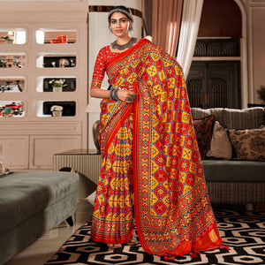 Red & Yellow Patola Printed Tussar Silk Saree