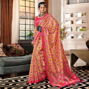 Yellow & Pink Patola Printed Tussar Silk Saree