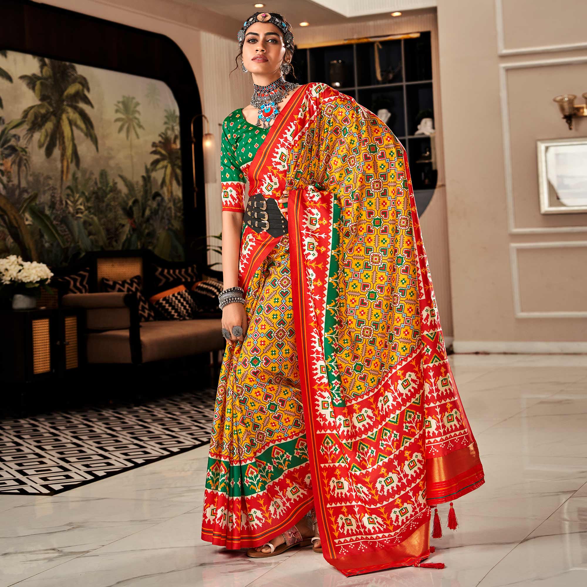 Yellow & Red Patola Printed Tussar Silk Saree