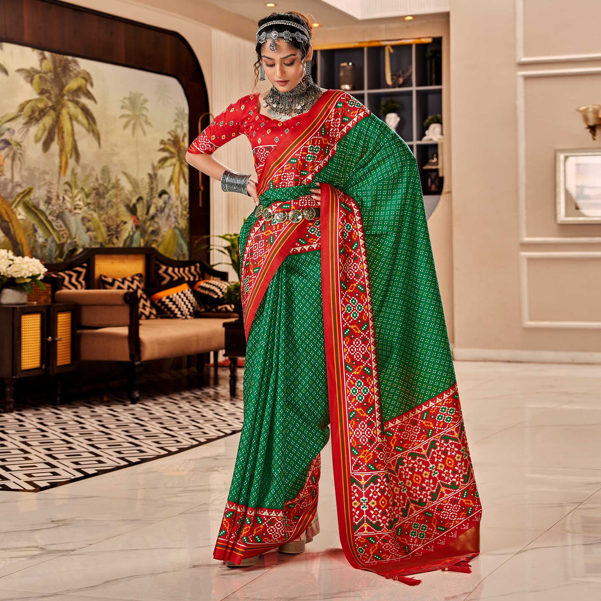Green & Red Patola Printed Tussar Silk Saree